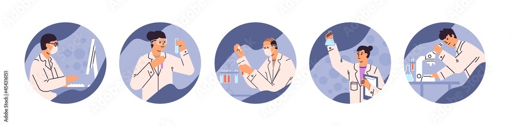 Poster scientists during medical lab research set. doctors, experts, and researchers testing vaccines in sc