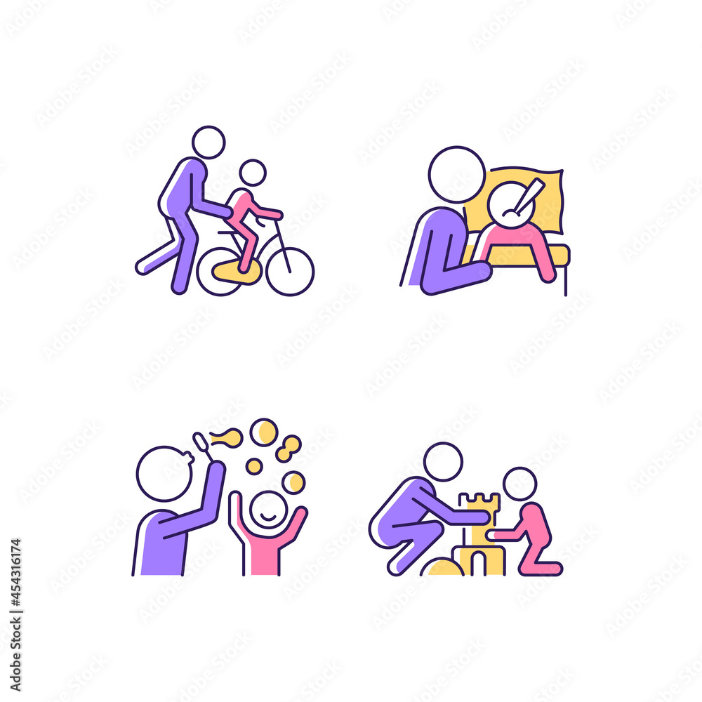 Sticker Good parenting RGB color icons set. Learning to ride bike. Coping with kid sickness. Blow bubbles together. Making sandcastles. Isolated vector illustrations. Simple filled line drawings collection