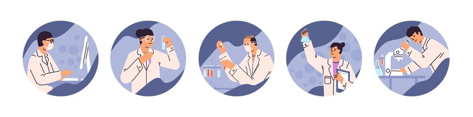 Scientists during medical lab research set. Doctors, experts, and researchers testing vaccines in scientific laboratories. Scenes with science workers conducting experiments. Flat vector illustrations