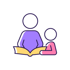 Reading book with child RGB color icon. Spending time together. Cognitive development. Storytelling with kid. Develop child imagination. Isolated vector illustration. Simple filled line drawing