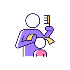 Braiding daughter pigtails RGB color icon. Bonding experience. Brushing child hair. Developing closeness. Hair combing, styling. Daily routine. Isolated vector illustration. Simple filled line drawing