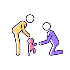 Teaching toddler to walk RGB color icon. Baby first steps. Parental actively encouragement. Child motor development. Bonding activity. Isolated vector illustration. Simple filled line drawing