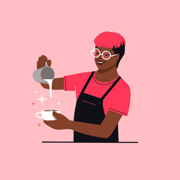 Happy barista making coffee. non binary barista character with milk foam making cup of latte. Cappuccino espresso coffee bar smiling server. Hipster barista in cafe making hot beverage