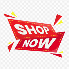 Shop Now banner design, red and yellow color, Vector Illustration with transparent background.