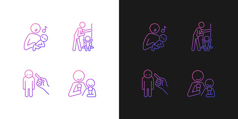 Child care gradient icons set for dark and light mode. Singing to baby. Playing on swings. Thin line contour symbols bundle. Isolated vector outline illustrations collection on black and white