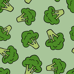 Seamless pattern with broccoli on green background. Vector, flat design. Hand drawn. Doodle style. 