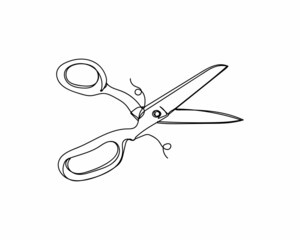 Continuous one line drawing of scissors for sewing icon in silhouette on a white background. Linear stylized.