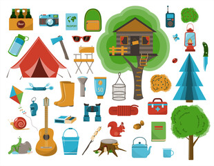 A big set of flat icons for camping. Vector cartoon illustration. Equipment for Hiking, mountaineering and camping-a set of icons and infographics. Tree house, tent, camping utensils, backpack and