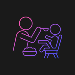 Feeding in highchair gradient vector icon for dark theme. Helping baby eating. Bonding with child during mealtime. Thin line color symbol. Modern style pictogram. Vector isolated outline drawing