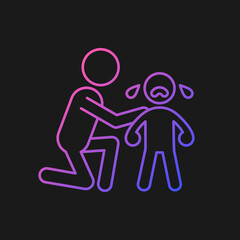 Comforting crying child gradient vector icon for dark theme. Cuddling and softly talking to kid. Showing empathy. Thin line color symbol. Modern style pictogram. Vector isolated outline drawing