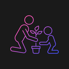Planting flower with kid gradient vector icon for dark theme. Gardening experience with children. Plant seeds. Thin line color symbol. Modern style pictogram. Vector isolated outline drawing