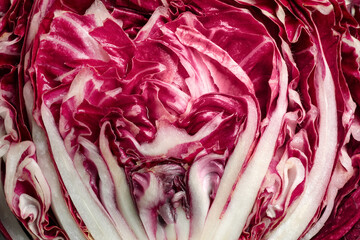 Obraz premium Cut fresh ripe radicchio as background, closeup