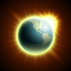 World map rising sun. Solar eclipse globe icon, space sunlight. Planet Earth sunny glow background view from space. Continents world Sunshine picture. Colorful solar eclipse astro poster presentation