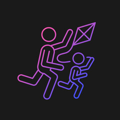 Flying kite gradient vector icon for dark theme. Playing with child outdoors. Family bonding. Develop coordination. Thin line color symbol. Modern style pictogram. Vector isolated outline drawing