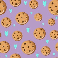 seamless pattern with oatmeal cookies and hearts on a fiolet background