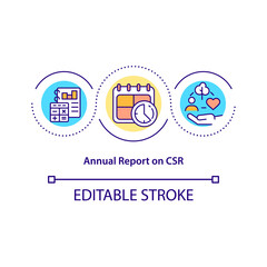 Annual report on CSR concept icon. Periodic review abstract idea thin line illustration. Business sustainability and social responsibility. Vector isolated outline color drawing. Editable stroke
