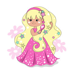 Beautiful vector illustration with a little princess in a raspberry dress combing her hair on a white background with pink daisies