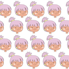 Cute heads of little girls with pink hair on a white background seamless pattern for children