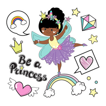 Vector illustration isolated with a beautiful African American fairy princes on a white background for children. Fashion patch badges. Card for little girl