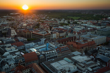 Top view of skyline Leipzig with sunset