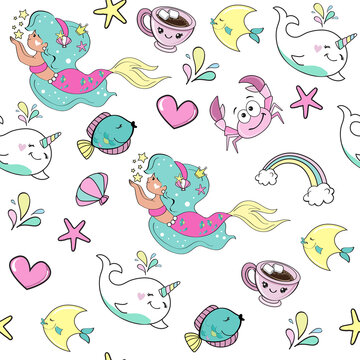 Beautiful vector illustration with a little mermaid and marine inhabitants on a white background seamless pattern for children. Concept summer and friendship. Birthday card