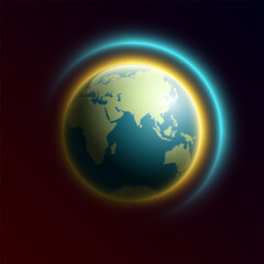 World map rising sun. Solar eclipse globe icon, space sunlight. Planet Earth sunny glow background view from space. Continents world Sunshine picture. Colorful solar eclipse astro poster presentation