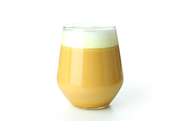 Glass of pumpkin latte isolated on white background