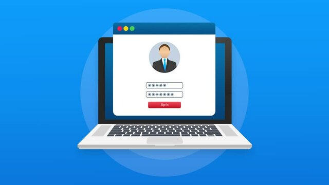 Login page on laptop screen. Notebook and online login form, sign in page. User profile, access to account. Motion graphics