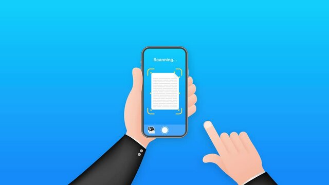 Text scan. Document scanner smartphone interface template. Mobile app page blue gradient design layout. Motion graphics