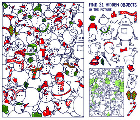 Find hidden objects in the picture. Snowman. Christmas Puzzle game for kids. Education game for family celebration, school, party, magazines. Sketch Vector.