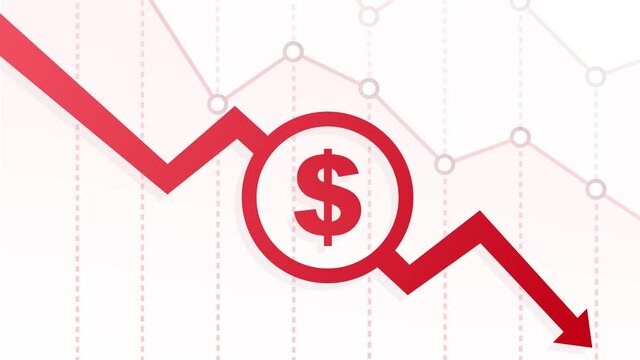 Money loss. Cash with down arrow stocks graph, concept of financial crisis, market fall, bankruptcy. Motion graphics