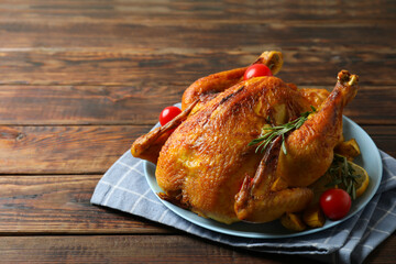 Thanksgiving Day roast turkey on wooden background