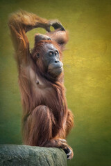 portrait of an orangutan doing yoga