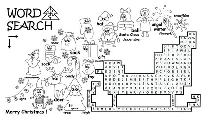Word Search Puzzle. Christmas sled with words and illustrations. Find the words. Logic game to learn English. Task for children, adults.