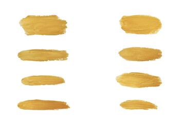 Gold paint stroke set. Gold brush abstract art illustration. Gold glittering design art brush stroke.
creative set yellow paint isolated collection. Design golden stroke effect brush color painting.