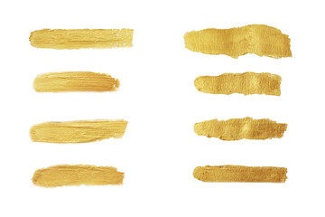 Gold paint stroke set. Gold brush abstract art illustration. Gold glittering design art brush stroke.
creative set yellow paint isolated collection. Design golden stroke effect brush color painting.