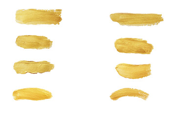 Naklejka premium Gold paint stroke set. Gold brush abstract art illustration. Gold glittering design art brush stroke. creative set yellow paint isolated collection. Design golden stroke effect brush color painting.