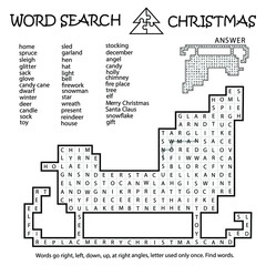 Word Search Puzzle. Christmas Sleigh. Zigzag Words go right, left, down, up, at right angles, letter used only once. Find words. Logic game for learning English. Worksheet for kids, adults.