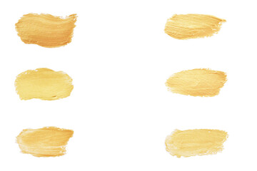 Naklejka premium Gold paint stroke set. Gold brush abstract art illustration. Gold glittering design art brush stroke. creative set yellow paint isolated collection. Design golden stroke effect brush color painting.
