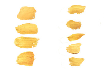 Naklejka premium Gold paint stroke set. Gold brush abstract art illustration. Gold glittering design art brush stroke. creative set yellow paint isolated collection. Design golden stroke effect brush color painting.