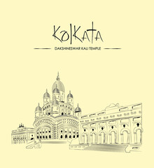 Temple of Kolkata in line art | Dakshineswar temple in line art in colored background