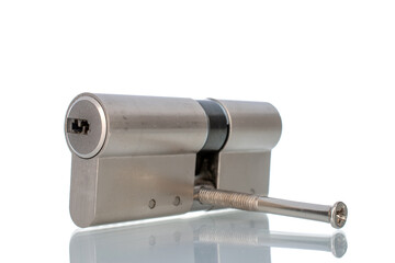 One lock core, close-up isolated on white.