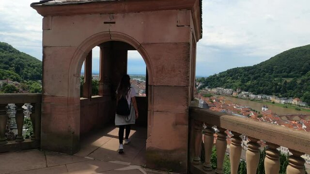 lberg, Germany, July 20, 2021: Medieval street of heidelberg city. Heidelberger Schloss top view.