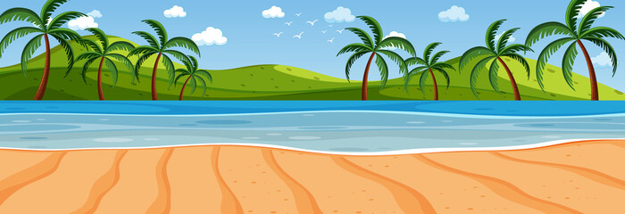 Fototapeta na wymiar Panorama landscape scene with many palm trees at the beach