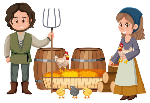 farmers with chickens and barrels cartoon scene clip art preview