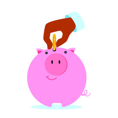 Hand puts the coin into the piggy bank. Save money or open a bank deposit, financial income, investments in future. Sketch vector illustration.