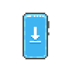 colorful simple flat pixel art illustration of modern smartphone with white file download sign on the screen