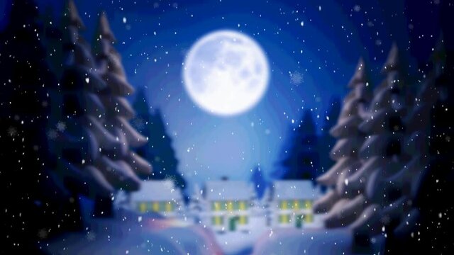 Animation of snow falling over winter scenery with moon in background