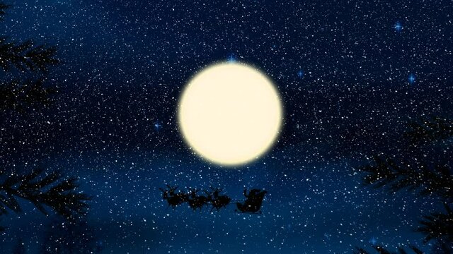Animation of snow falling over santa claus in sleigh with reindeer and moon