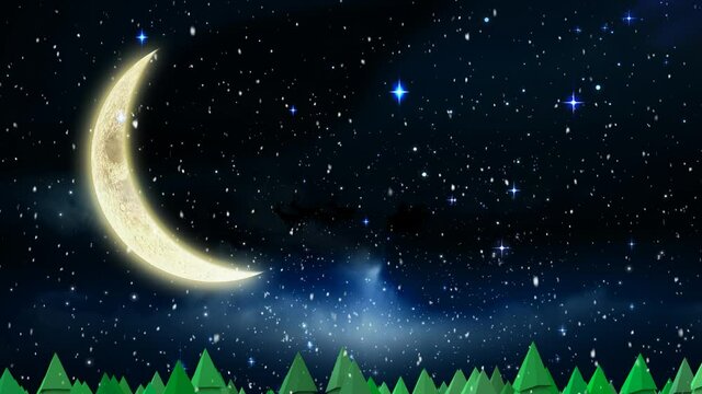 Animation of snow falling over winter scenery with stars and crescent moon in background